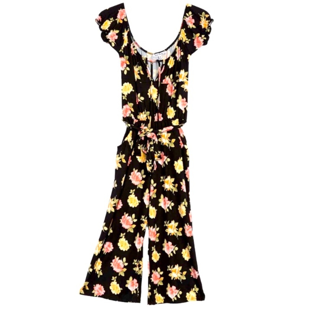 NWT Velvet Torch Puff Sleeve Floral Yellow Pink Gaucho Jumpsuit SZ Medium